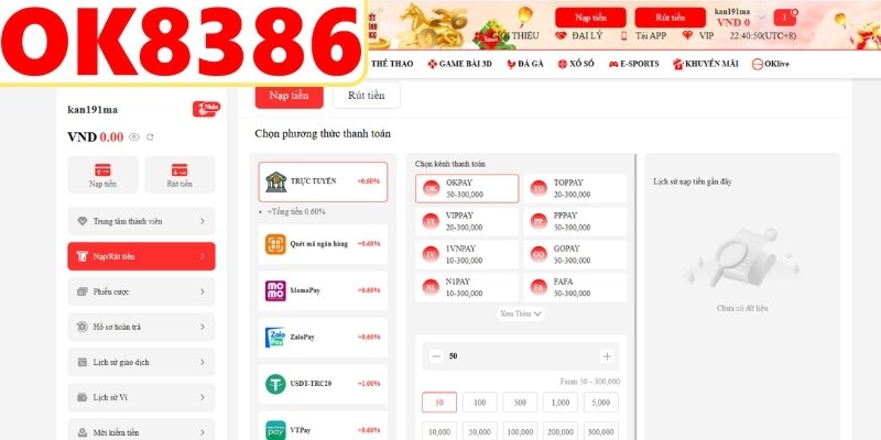 Minh họa các bước nạp tiền OK8386 đầy đủ