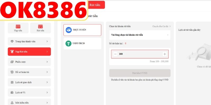 Hướng dẫn các bước rút tiền OK8386 chi tiết